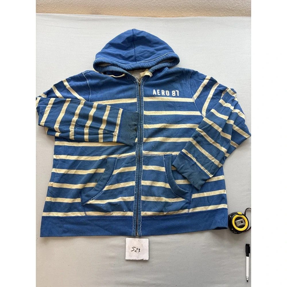 Aeropostale Mens XXL Full Zip Hoodie Blue Cream Striped AERO 87 Hooded Zip Up